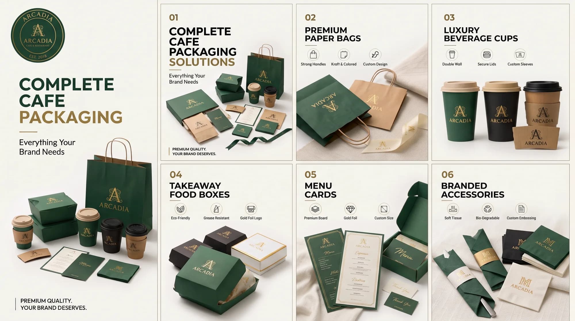 Café packaging kit: paper bags, beverage cups, takeaway food boxes, menu cards and branded napkins