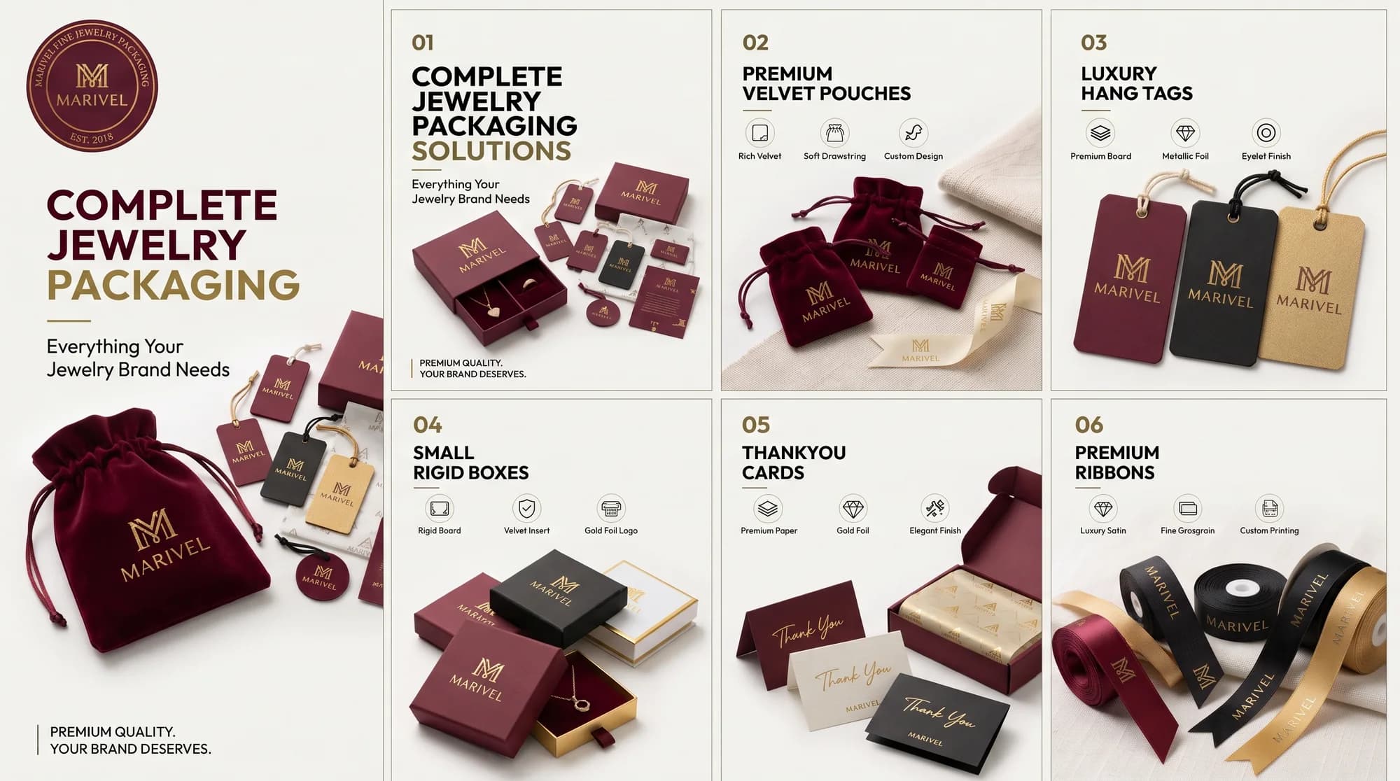 Jewellery packaging kit: velvet pouches, hang tags, small rigid boxes, thank you cards and ribbons