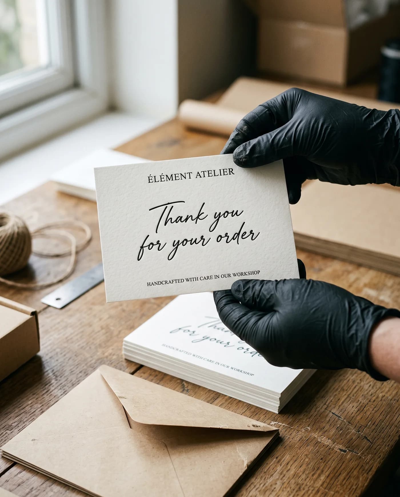 A letterpress thank-you card checked before packing