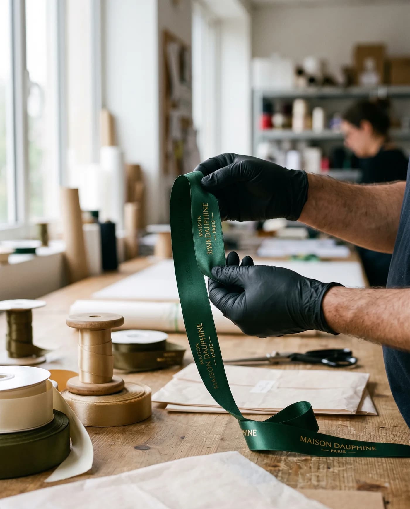 Foil-printed satin ribbon being measured by hand in the workshop