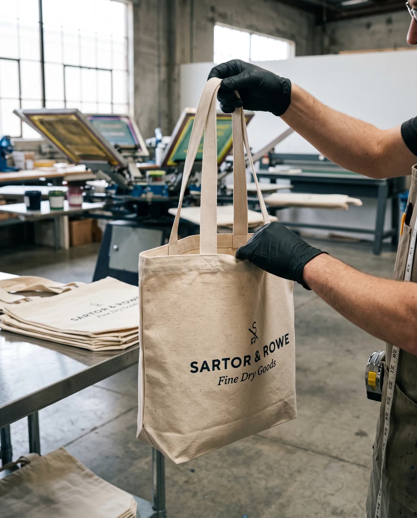 A printed canvas tote held up for inspection in the print workshop