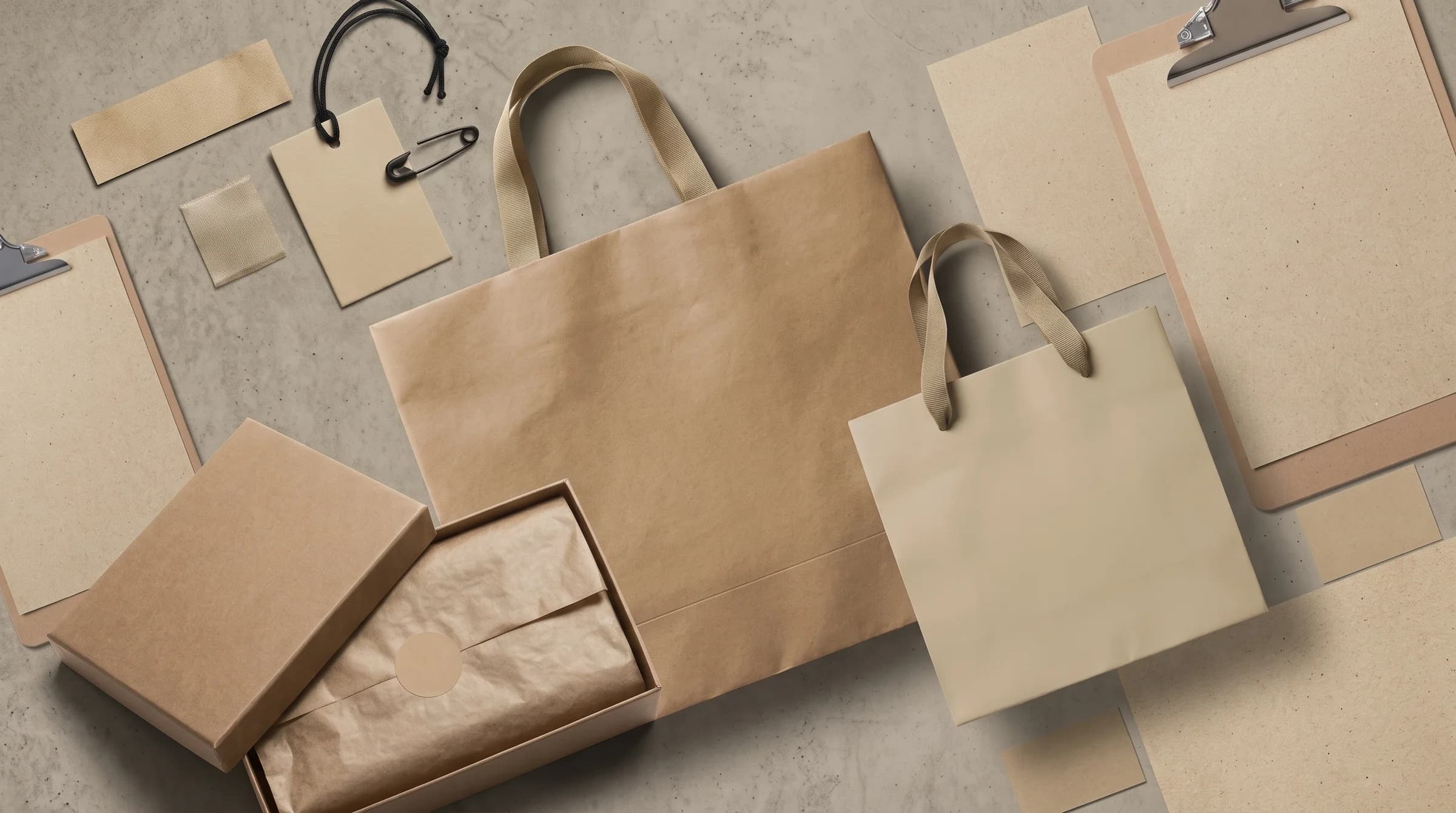 The same packaging set unbranded: plain kraft bags, box, tag and blank cards